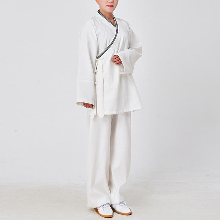 Buddha Stones 2 pezzi Wudang autunno solido rana-bottoni manica lunga lino unisex abito taoista kimono pantaloni abito cerimonia Qigong - image 2