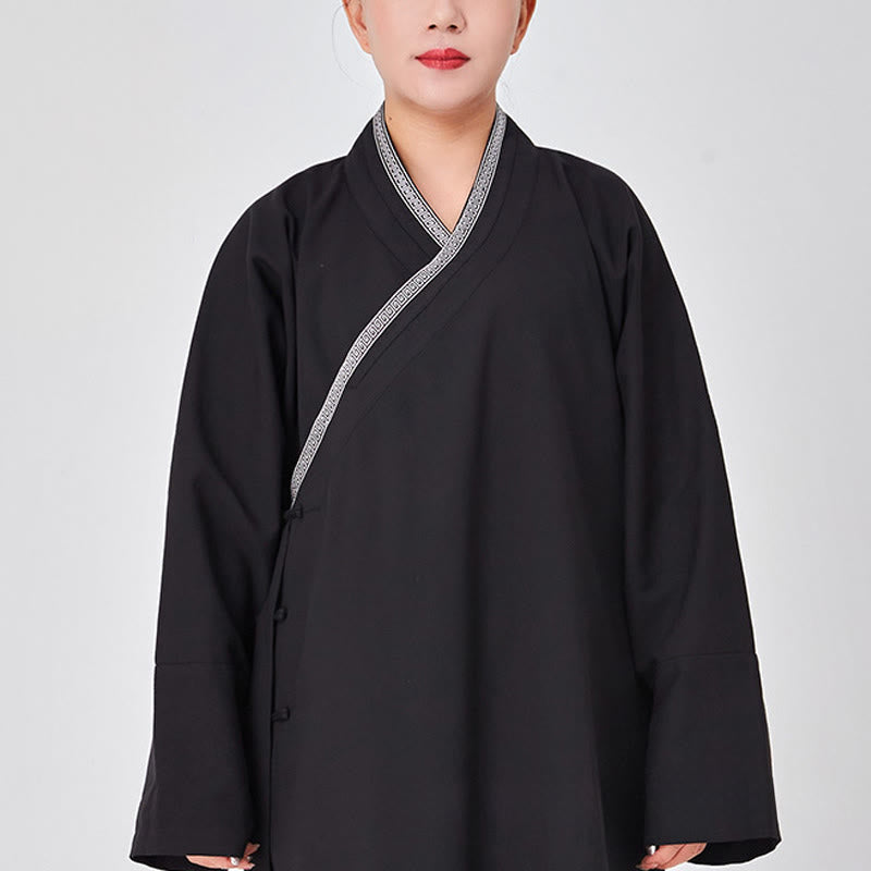 Buddha Stones 2 pezzi Wudang autunno solido rana-bottoni manica lunga lino unisex abito taoista kimono pantaloni abito cerimonia Qigong - Nero - 3XL- ADATTO A US/ UK/AU/ EU- XL - image 11