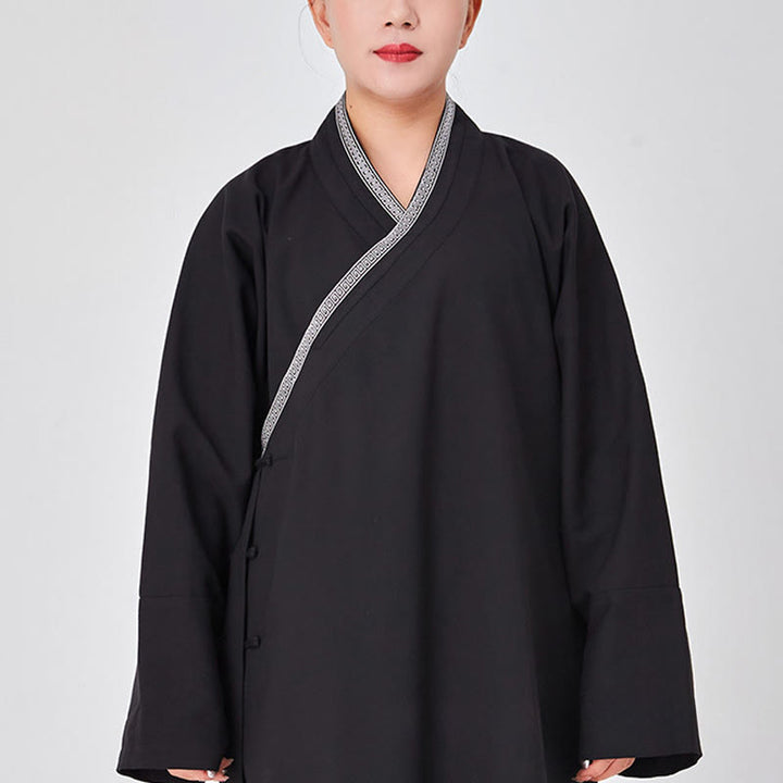 Buddha Stones 2 pezzi Wudang autunno solido rana-bottoni manica lunga lino unisex abito taoista kimono pantaloni abito cerimonia Qigong - Nero - 3XL- ADATTO A US/ UK/AU/ EU- XL - image 11