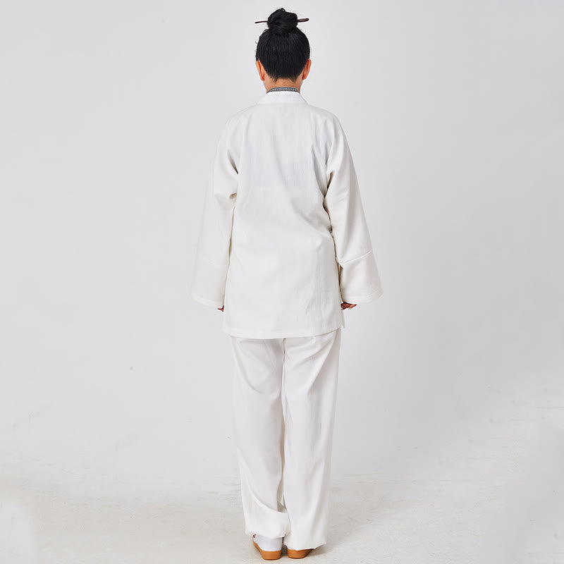 Buddha Stones 2 pezzi Wudang autunno solido rana-bottoni manica lunga lino unisex abito taoista kimono pantaloni abito cerimonia Qigong - image 3