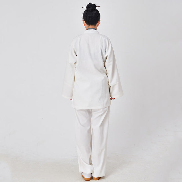Buddha Stones 2 pezzi Wudang autunno solido rana-bottoni manica lunga lino unisex abito taoista kimono pantaloni abito cerimonia Qigong - image 3