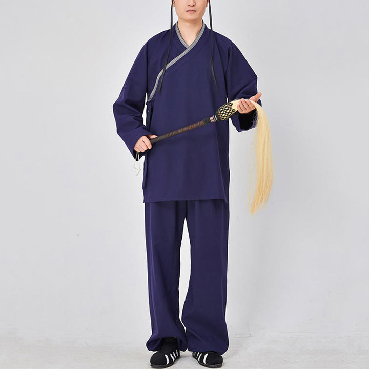 Buddha Stones 2 pezzi Wudang autunno solido rana-bottoni manica lunga lino unisex abito taoista kimono pantaloni abito cerimonia Qigong - SteelBlue - 3XL- ADATTO A US/ UK/AU/ EU- XL - image 5