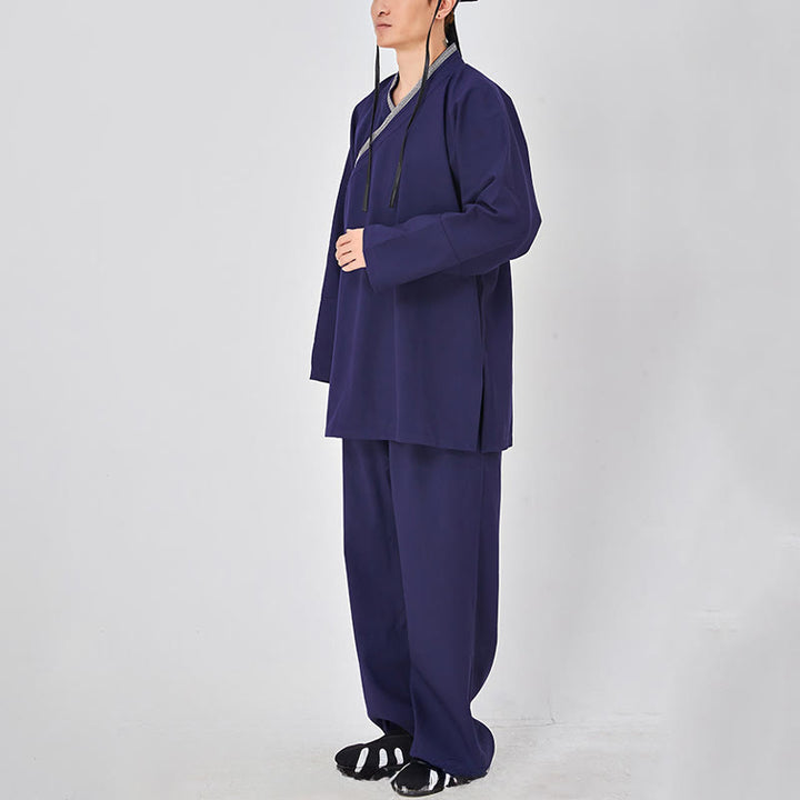 Buddha Stones 2 pezzi Wudang autunno solido rana-bottoni manica lunga lino unisex abito taoista kimono pantaloni abito cerimonia Qigong - image 6