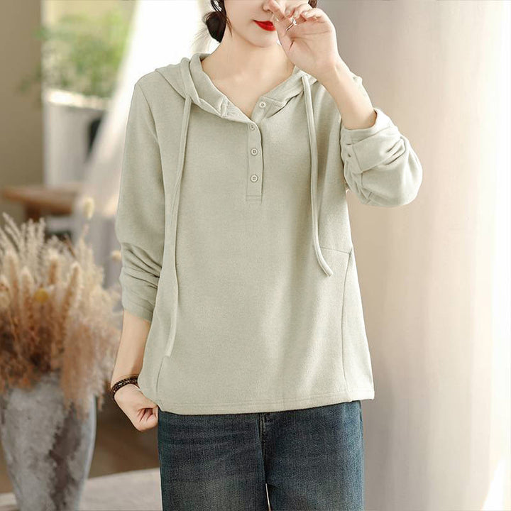 Felpa con cappuccio da donna a maniche lunghe in cotone tinta unita invernale Buddha Stones con cappuccio - Beige - US8-10, UK/AU12-14, EU40-42 (2XL) - image 0