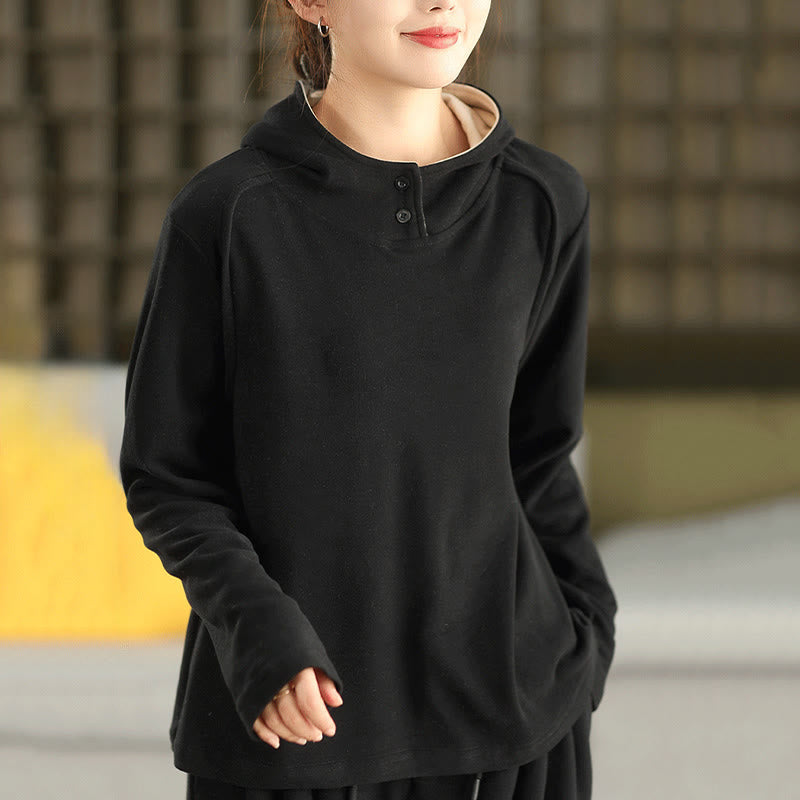 Felpa con cappuccio da donna a maniche lunghe in cotone spesso tinta unita invernale Buddha Stones con cappuccio - Nero - US4, UK/AU8, EU36 (F) - image 16