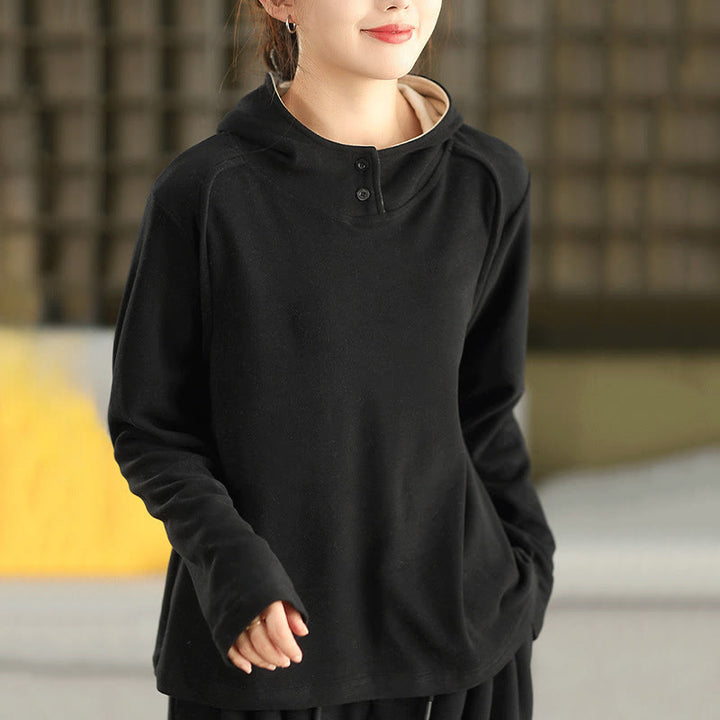 Felpa con cappuccio da donna a maniche lunghe in cotone spesso tinta unita invernale Buddha Stones con cappuccio - Nero - US4, UK/AU8, EU36 (F) - image 16