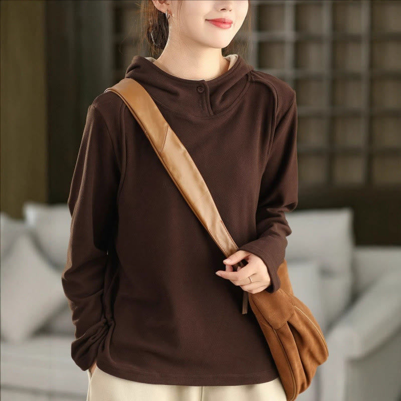 Felpa con cappuccio da donna a maniche lunghe in cotone spesso tinta unita invernale Buddha Stones con cappuccio - Marrone sella - US4, UK/AU8, EU36 (F) - image 14