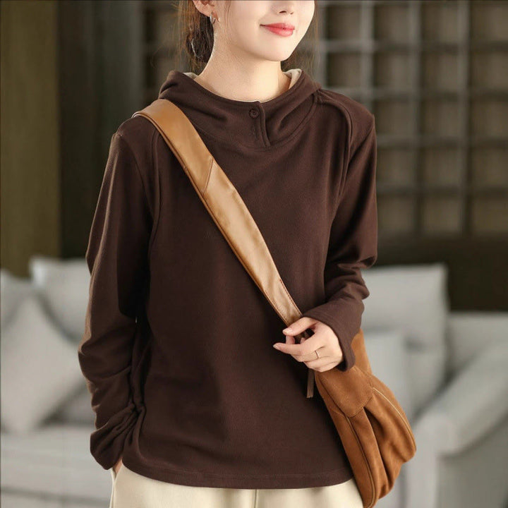 Felpa con cappuccio da donna a maniche lunghe in cotone spesso tinta unita invernale Buddha Stones con cappuccio - Marrone sella - US4, UK/AU8, EU36 (F) - image 14