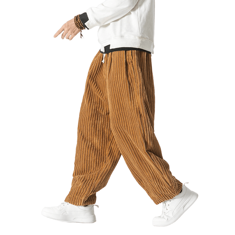 Pantaloni harem da uomo in velluto a coste con coulisse e tasche, stile retrò invernale, modello Buddha Stones - image 14