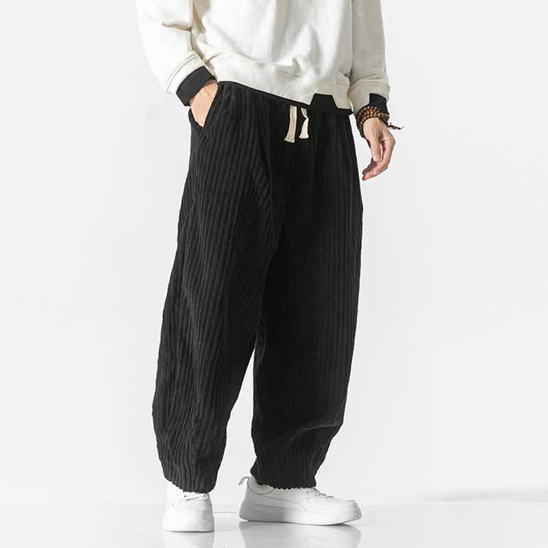 Pantaloni harem da uomo in velluto a coste con coulisse e tasche, stile retrò invernale, modello Buddha Stones - image 12