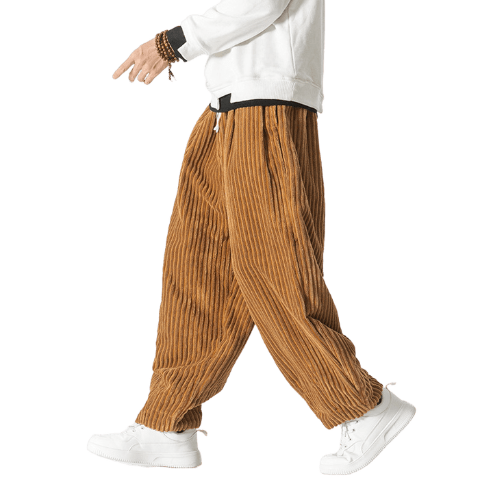Pantaloni harem da uomo in velluto a coste con coulisse e tasche, stile retrò invernale, modello Buddha Stones - image 14