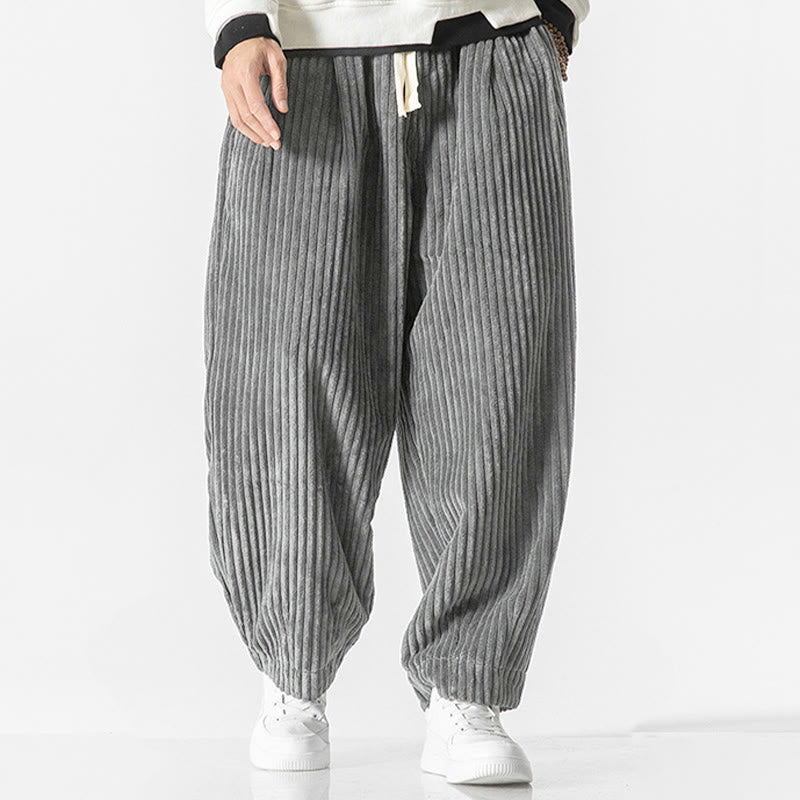 Pantaloni harem da uomo in velluto a coste con coulisse e tasche, stile retrò invernale, modello Buddha Stones - image 4