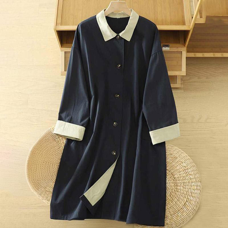 Cappotto da donna in cotone a maniche lunghe con tasche, motivo patchwork, bottoni a risvolto Buddha Stones - Blu notte - US12, UK/AU16, EU44 (XL) - image 11