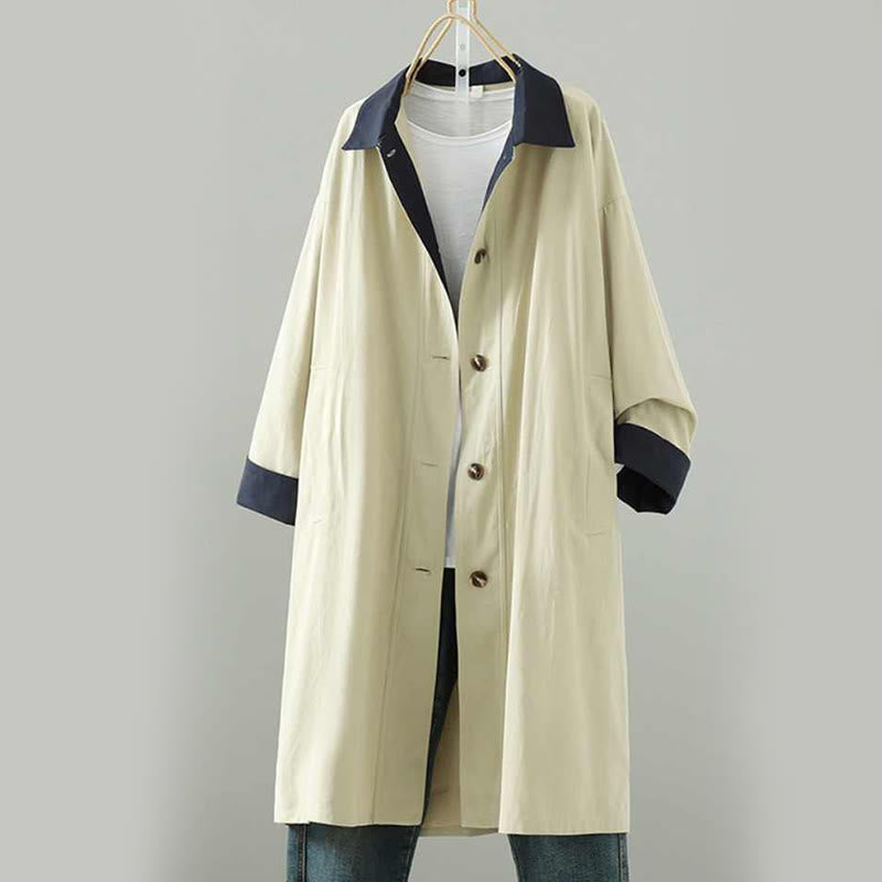 Cappotto da donna in cotone a maniche lunghe con tasche, motivo patchwork, bottoni a risvolto Buddha Stones - image 0