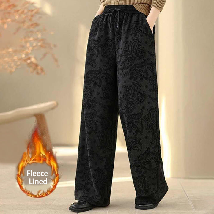Pantaloni da donna in cotone termico con fodera in pile, gamba larga e tasche, motivo paisley jacquard Buddha Stones - Nero - US6, UK/AU10, EU38 (XL) - image 5