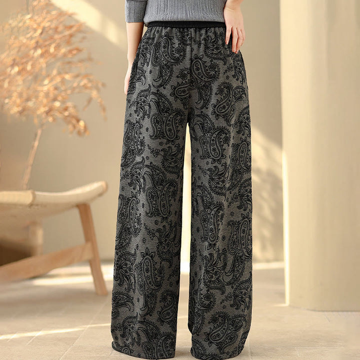 Pantaloni da donna in cotone termico con fodera in pile, gamba larga e tasche, motivo paisley jacquard Buddha Stones - image 4