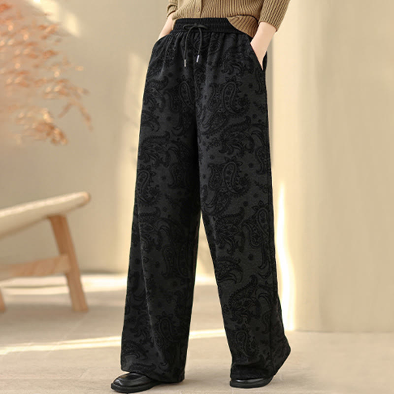 Pantaloni da donna in cotone termico con fodera in pile, gamba larga e tasche, motivo paisley jacquard Buddha Stones - image 6