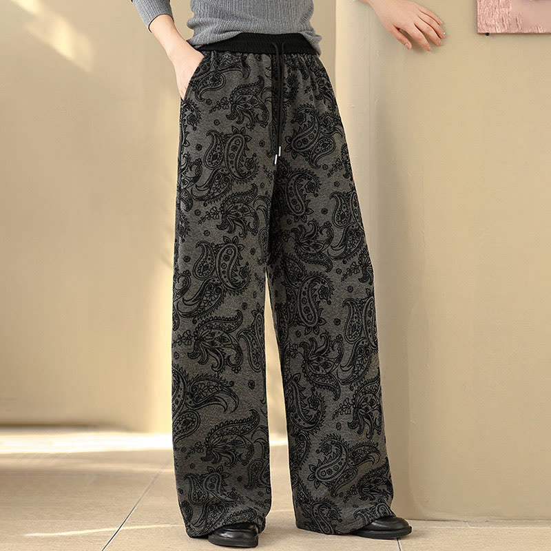 Pantaloni da donna in cotone termico con fodera in pile, gamba larga e tasche, motivo paisley jacquard Buddha Stones - image 0