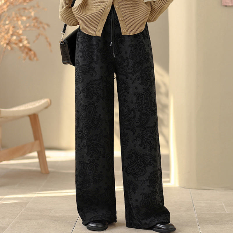 Pantaloni da donna in cotone termico con fodera in pile, gamba larga e tasche, motivo paisley jacquard Buddha Stones - image 9