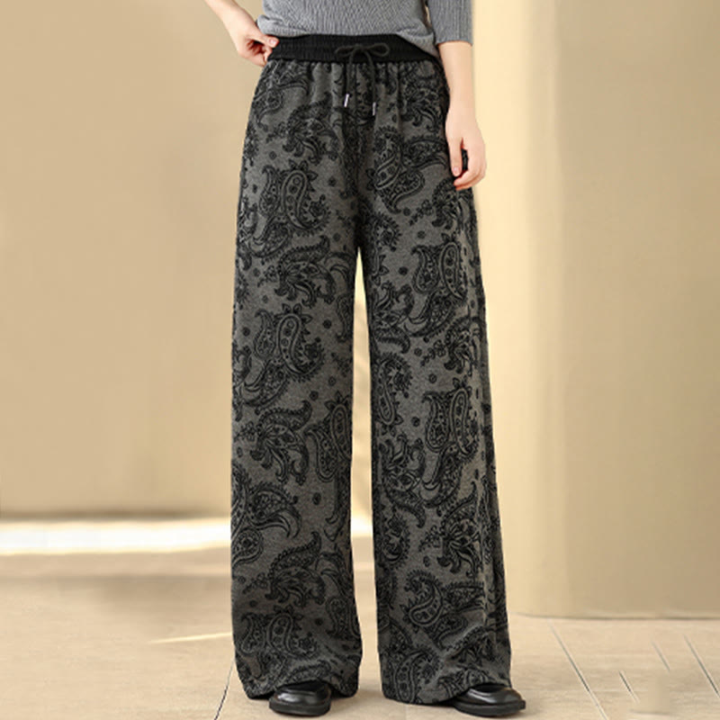Pantaloni da donna in cotone termico con fodera in pile, gamba larga e tasche, motivo paisley jacquard Buddha Stones - image 3