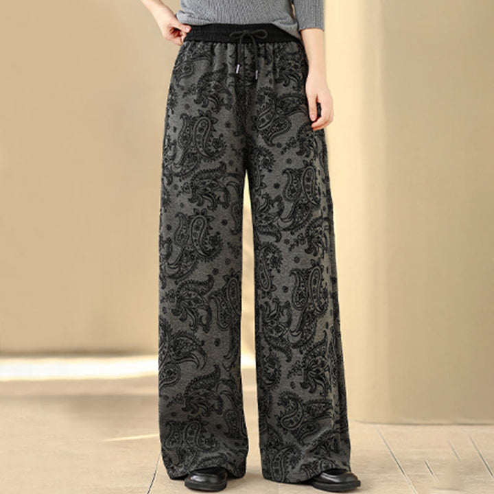 Pantaloni da donna in cotone termico con fodera in pile, gamba larga e tasche, motivo paisley jacquard Buddha Stones - image 3