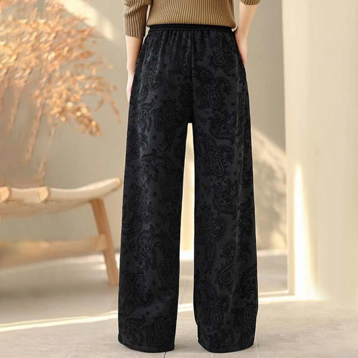 Pantaloni da donna in cotone termico con fodera in pile, gamba larga e tasche, motivo paisley jacquard Buddha Stones - image 7