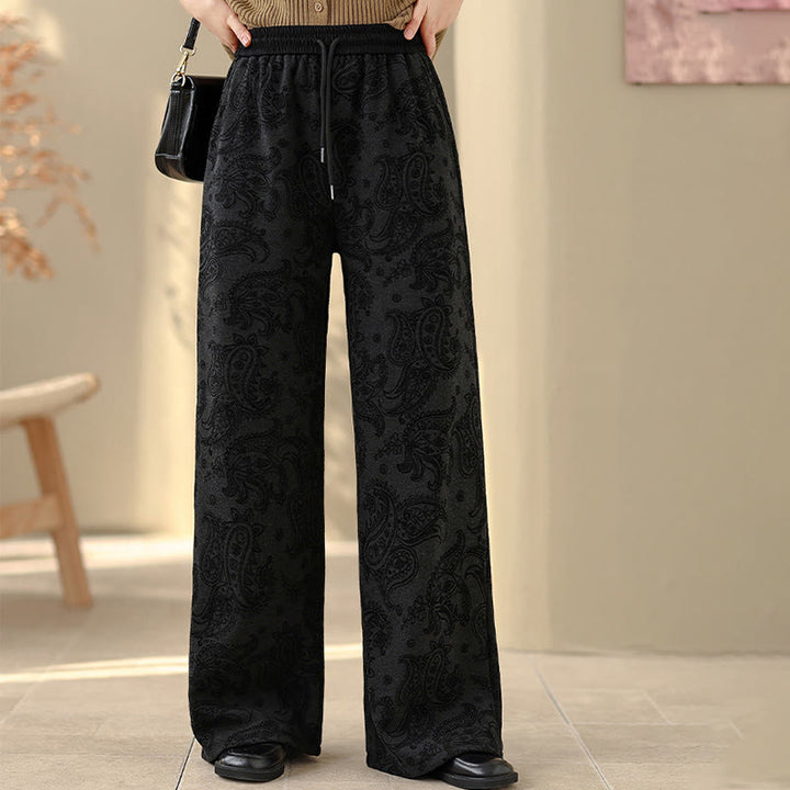 Pantaloni da donna in cotone termico con fodera in pile, gamba larga e tasche, motivo paisley jacquard Buddha Stones - image 10