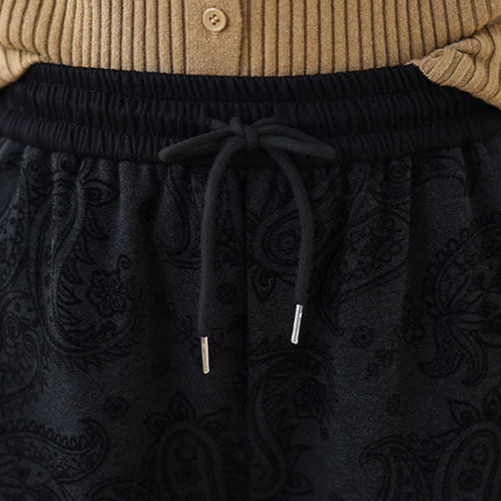 Pantaloni da donna in cotone termico con fodera in pile, gamba larga e tasche, motivo paisley jacquard Buddha Stones - image 11