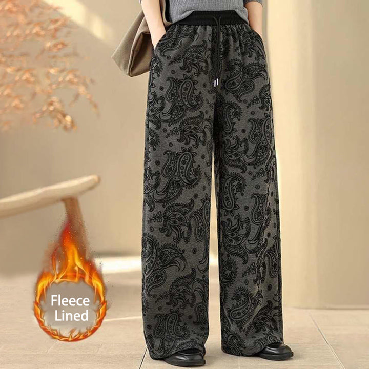 Pantaloni da donna in cotone termico con fodera in pile, gamba larga e tasche, motivo paisley jacquard Buddha Stones - Grigio tenue - US6, UK/AU10, EU38 (XL) - image 1