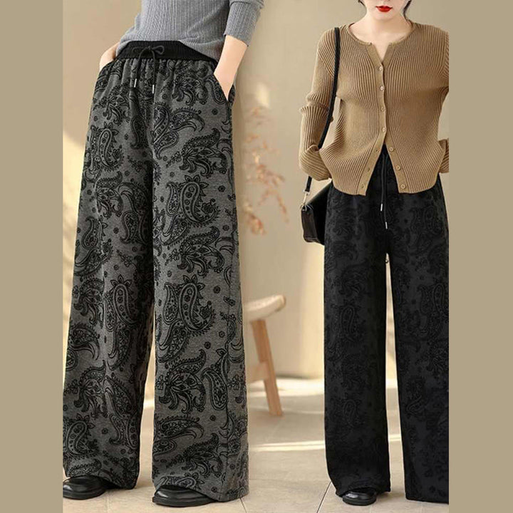 Pantaloni da donna in cotone termico con fodera in pile, gamba larga e tasche, motivo paisley jacquard Buddha Stones - image 14