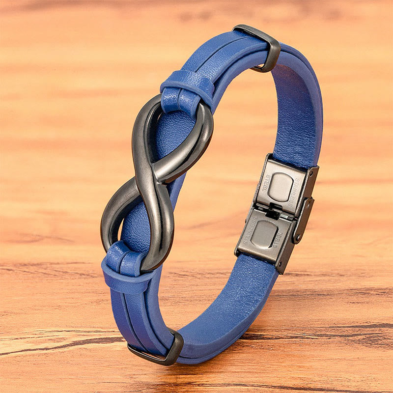Bracciale rinforzato in pelle multicolore in acciaio al titanio con design infinito Buddha Stones - Pelle blu con fibbia nera - 20-22 cm - image 11