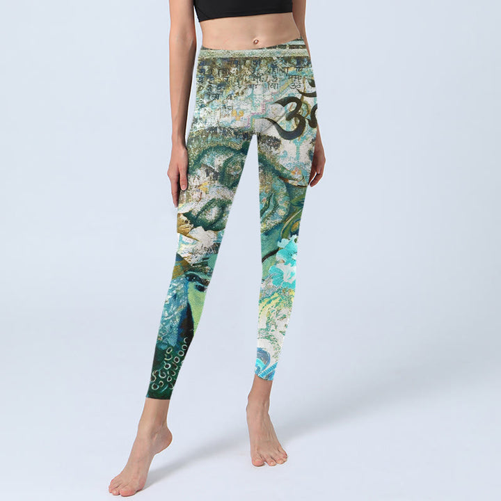 Leggings da palestra con stampa Buddha Stones, simbolo Om, figura umana, pavone e motivo di loto, pantaloni da yoga da donna - image 5