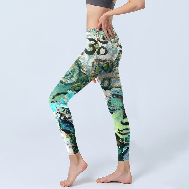 Leggings da palestra con stampa Buddha Stones, simbolo Om, figura umana, pavone e motivo di loto, pantaloni da yoga da donna - image 2