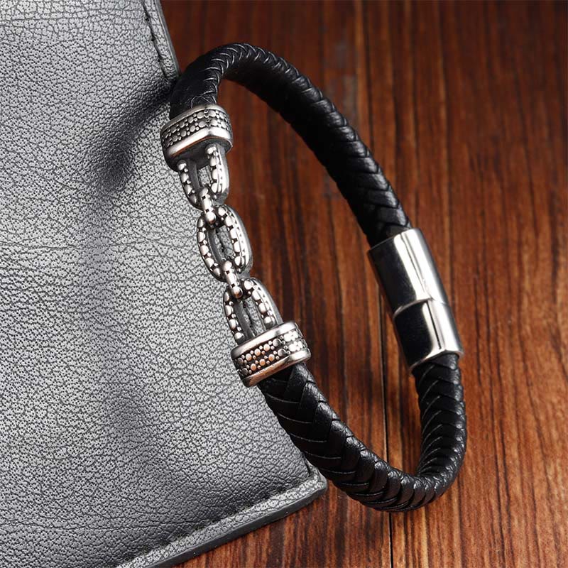 Braccialetto rinforzato in pelle e acciaio al titanio con maglie a catena fatte a mano Buddha Stones - image 10