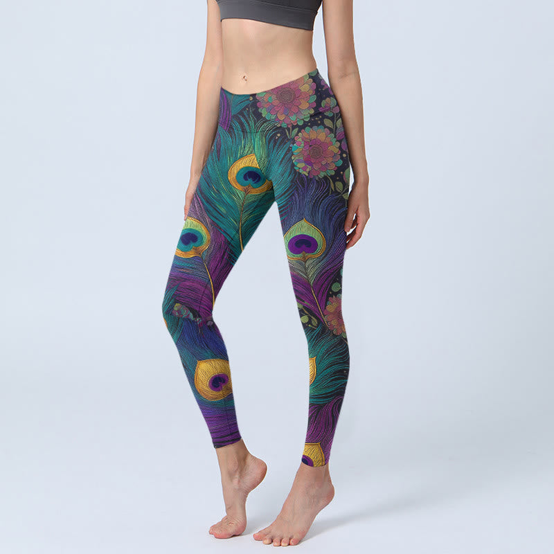 Leggings da palestra con stampa di fiori e piume di pavone, modello Buddha Stones, pantaloni da yoga da donna - Orchidea scura - US18, UK/AU22, EU50 (4XL) - image 0