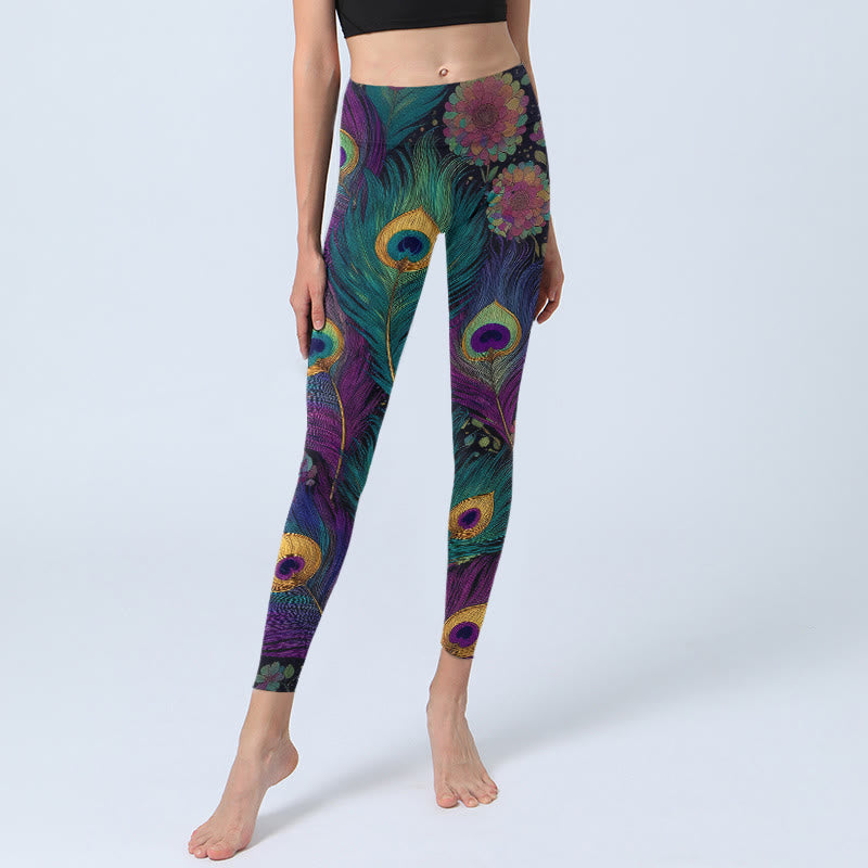 Leggings da palestra con stampa di fiori e piume di pavone, modello Buddha Stones, pantaloni da yoga da donna - image 5