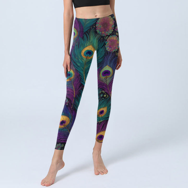 Leggings da palestra con stampa di fiori e piume di pavone, modello Buddha Stones, pantaloni da yoga da donna - image 5