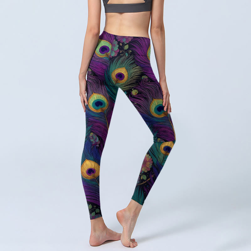 Leggings da palestra con stampa di fiori e piume di pavone, modello Buddha Stones, pantaloni da yoga da donna - image 3
