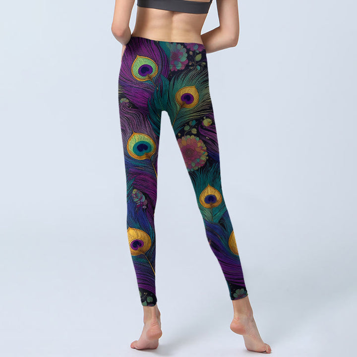 Leggings da palestra con stampa di fiori e piume di pavone, modello Buddha Stones, pantaloni da yoga da donna - image 6