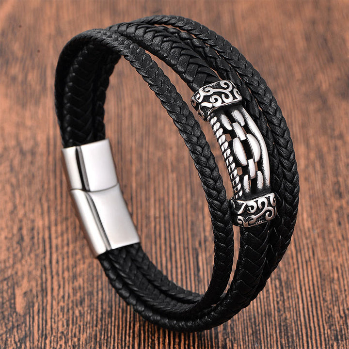 Bracciale intrecciato in pelle multistrato con design a maglie di catena in acciaio al titanio Buddha Stones - Multistrato (circonferenza del polso: 18-20 cm) - image 0