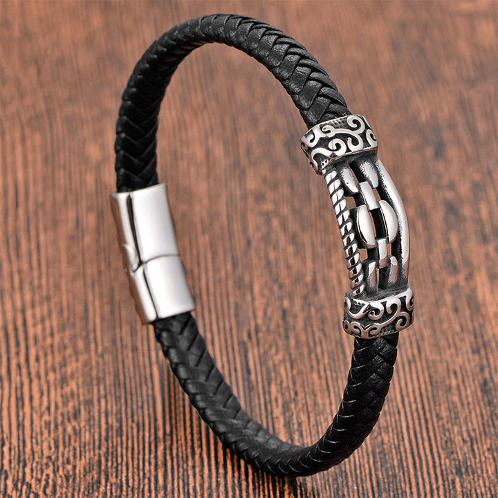 Bracciale intrecciato in pelle multistrato con design a maglie di catena in acciaio al titanio Buddha Stones - Strato singolo (circonferenza del polso: 18-20 cm) - image 9
