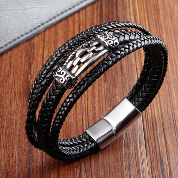 Bracciale intrecciato in pelle multistrato con design a maglie di catena in acciaio al titanio Buddha Stones - image 2