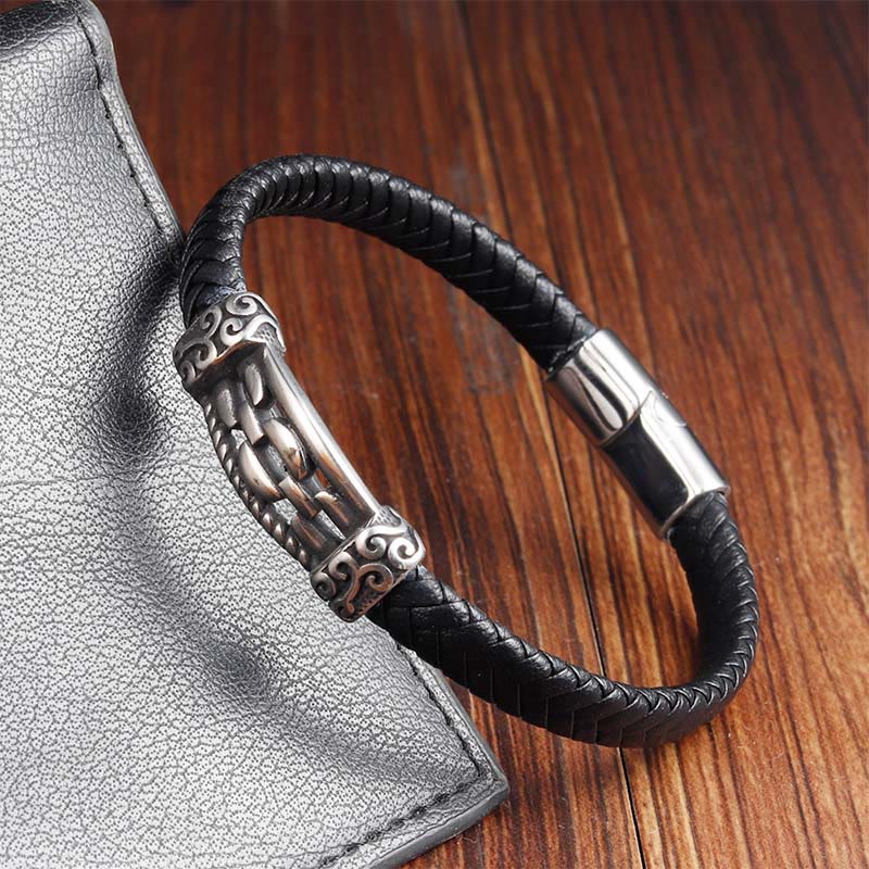 Bracciale intrecciato in pelle multistrato con design a maglie di catena in acciaio al titanio Buddha Stones - image 11
