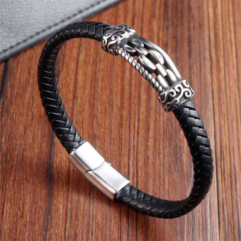 Bracciale intrecciato in pelle multistrato con design a maglie di catena in acciaio al titanio Buddha Stones - image 10