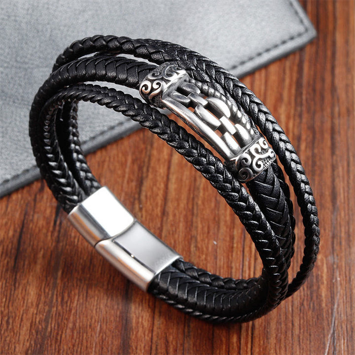 Bracciale intrecciato in pelle multistrato con design a maglie di catena in acciaio al titanio Buddha Stones - image 1
