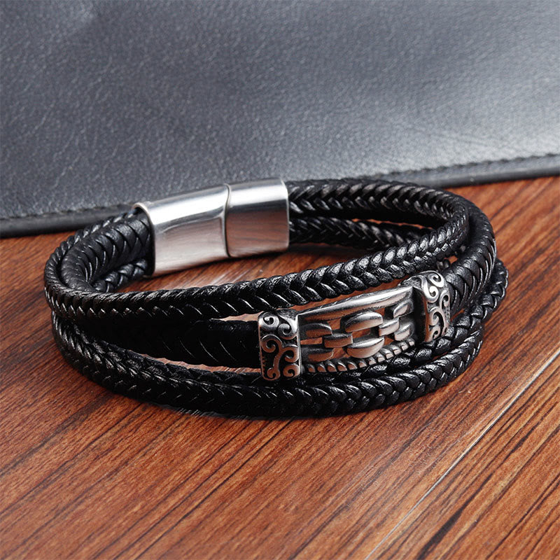 Bracciale intrecciato in pelle multistrato con design a maglie di catena in acciaio al titanio Buddha Stones - image 5