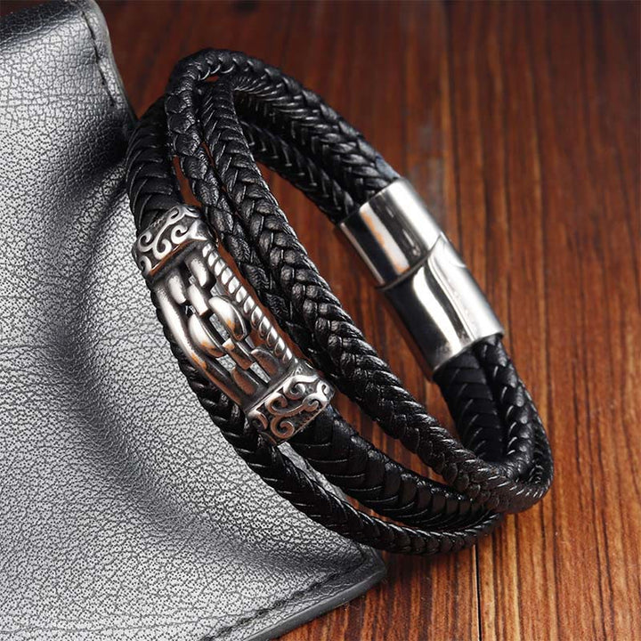 Bracciale intrecciato in pelle multistrato con design a maglie di catena in acciaio al titanio Buddha Stones - image 3