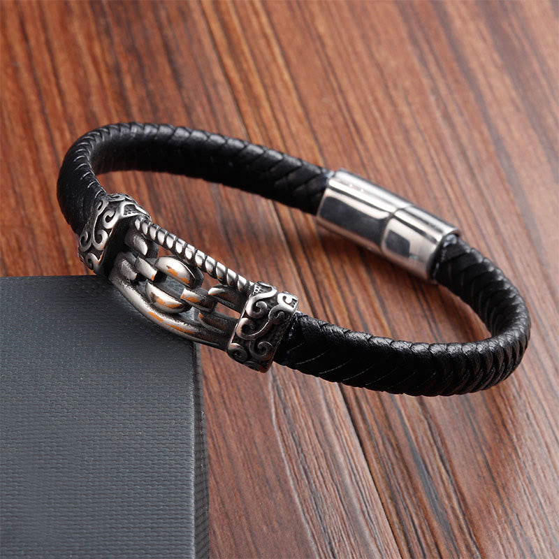 Bracciale intrecciato in pelle multistrato con design a maglie di catena in acciaio al titanio Buddha Stones - image 12