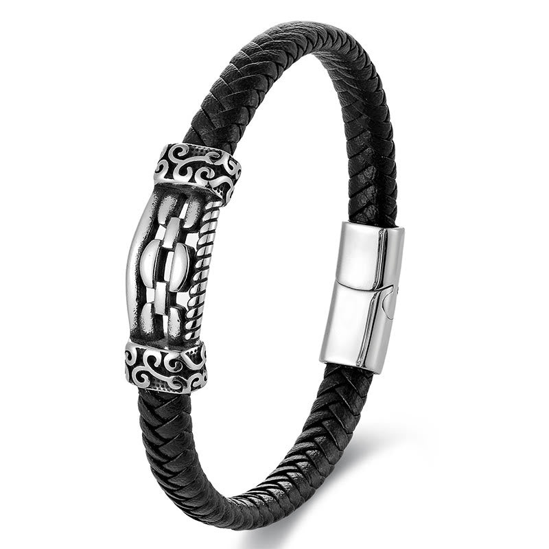 Bracciale intrecciato in pelle multistrato con design a maglie di catena in acciaio al titanio Buddha Stones - image 13