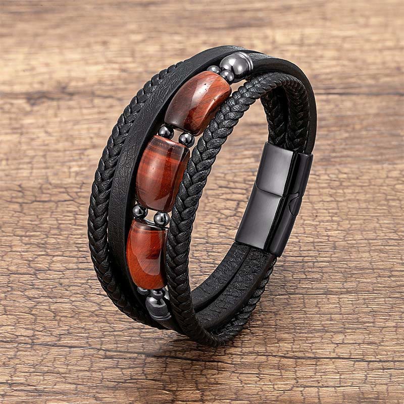 Braccialetto rinforzato in pelle Buddha Stones occhio di tigre naturale, occhio di tigre verde e occhio di tigre rosso - Occhio di tigre rosso - 18-22 cm - image 7